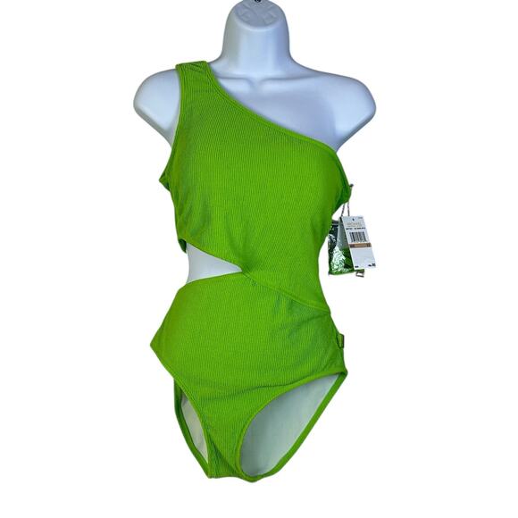 Michael MK Textured One Shoulder Cutout One Piece Swimsuit Green Women 12 NWT - Picture 2 of 9